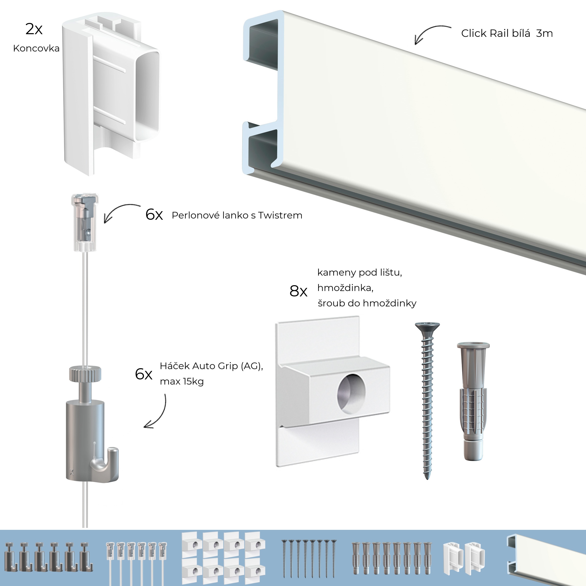Závěsný systém na obrazy - SET Click Rail bílá přetíratelná 3m (6x perlon 6x AG