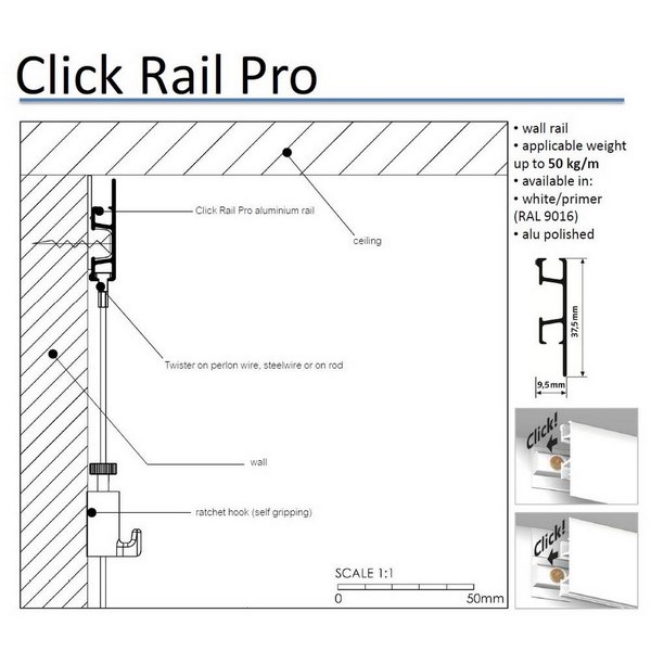 Závěsný systém na obrazy - SET Click Rail PRO hliník (6x ocel 6x AG)
